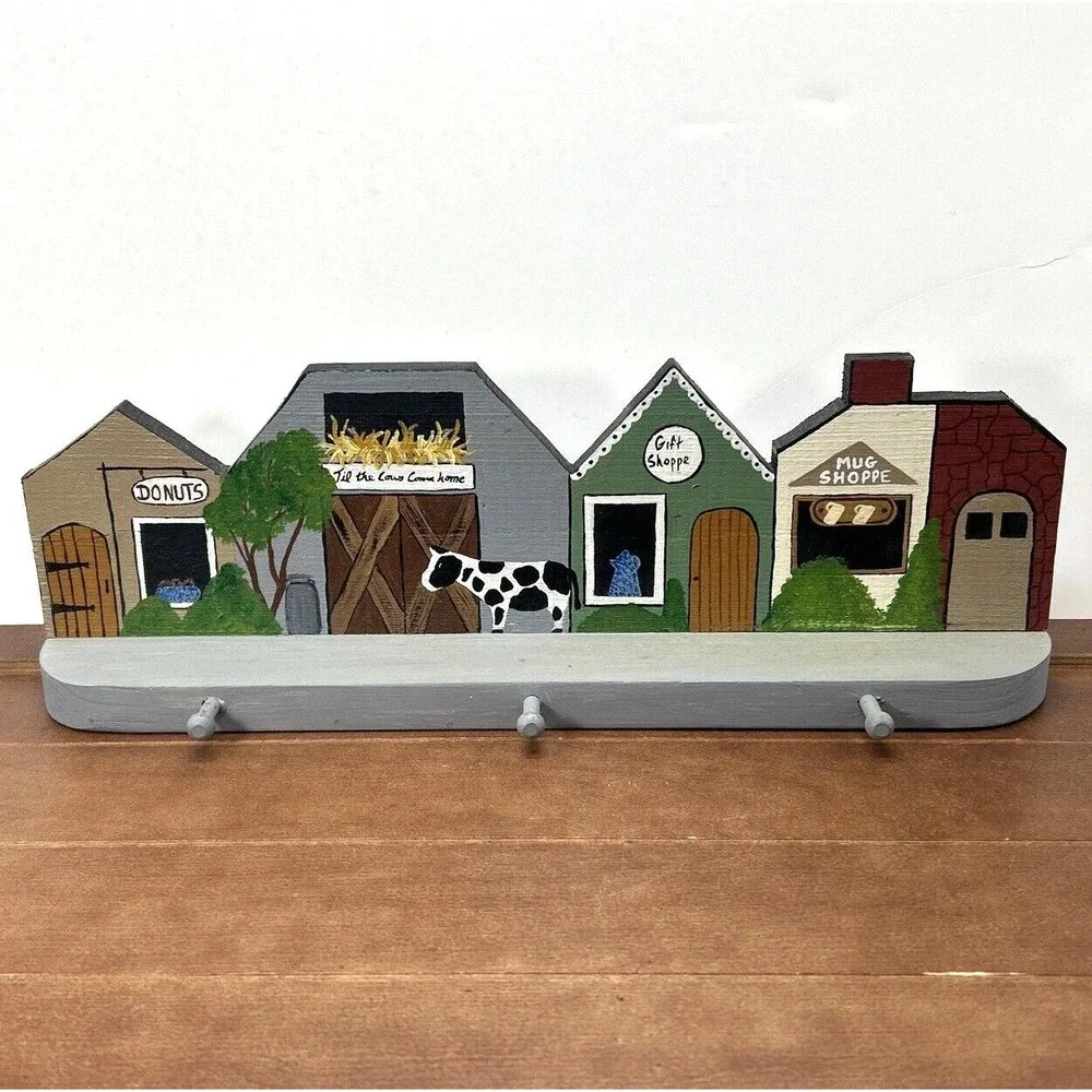 Vintage Handcrafted Wood Country Old Town Village Cow Art Wall Hooks Key‎ Holder